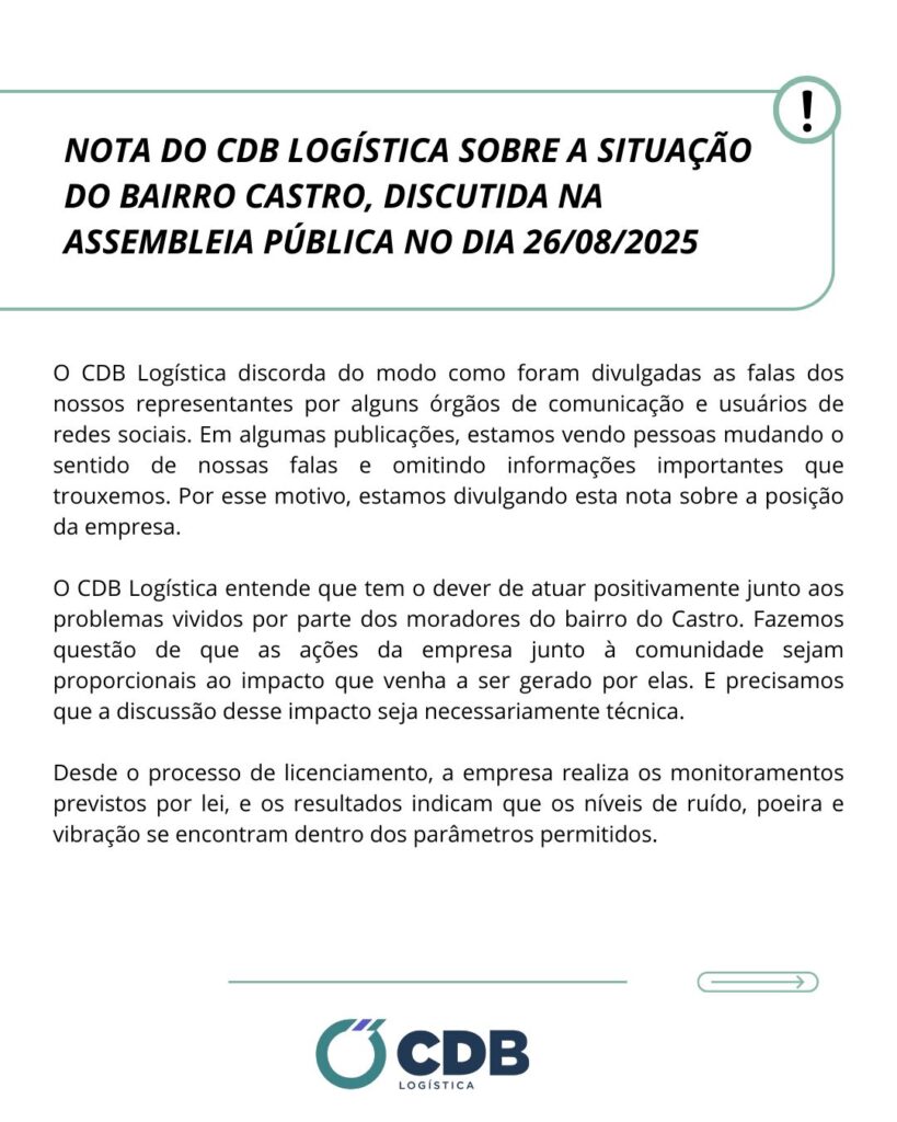 NOTA DO CDB LOGÍSTICA SOBRE A SITUAÇÃO DO BAIRRO CASTRO, DISCUTIDA NA ASSEMBLEIA PÚBLICA NO DIA 26/08/2025